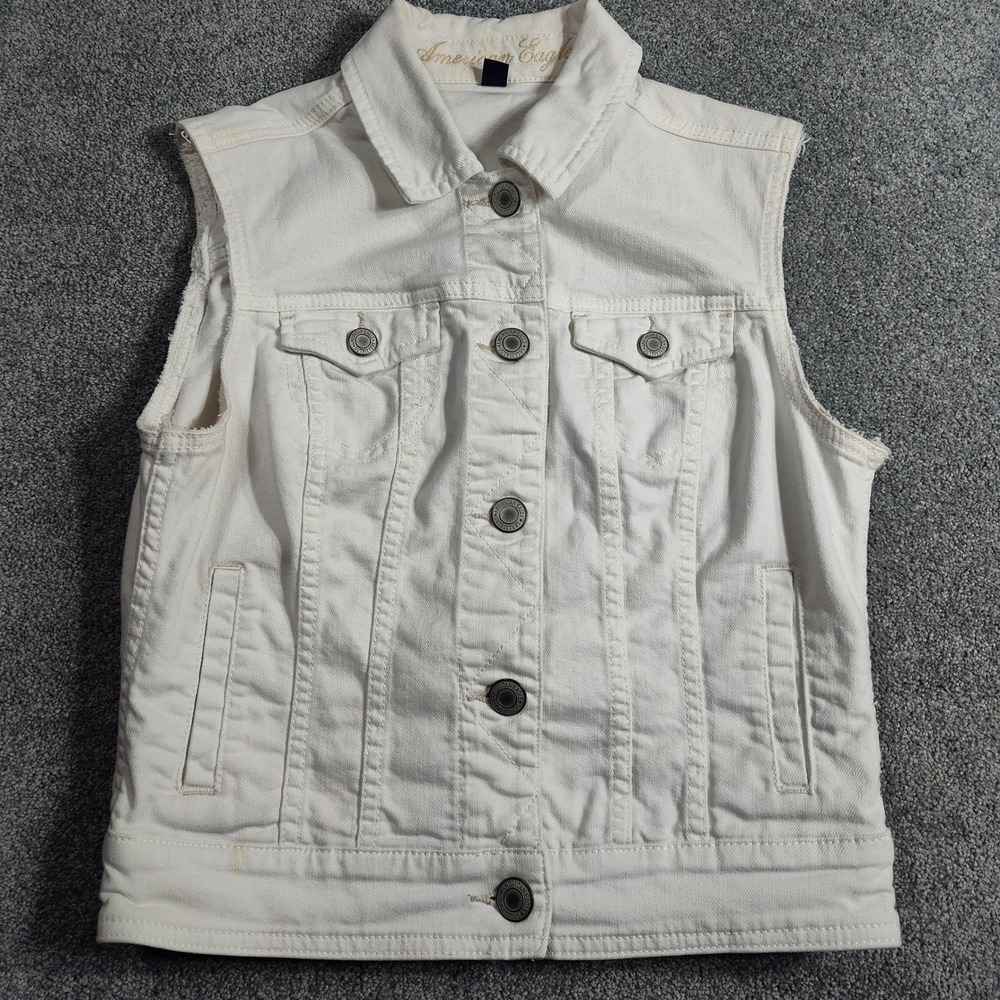 American Eagle Women's White Denim Vest Sleeveless Jean Jacket Sz S/P